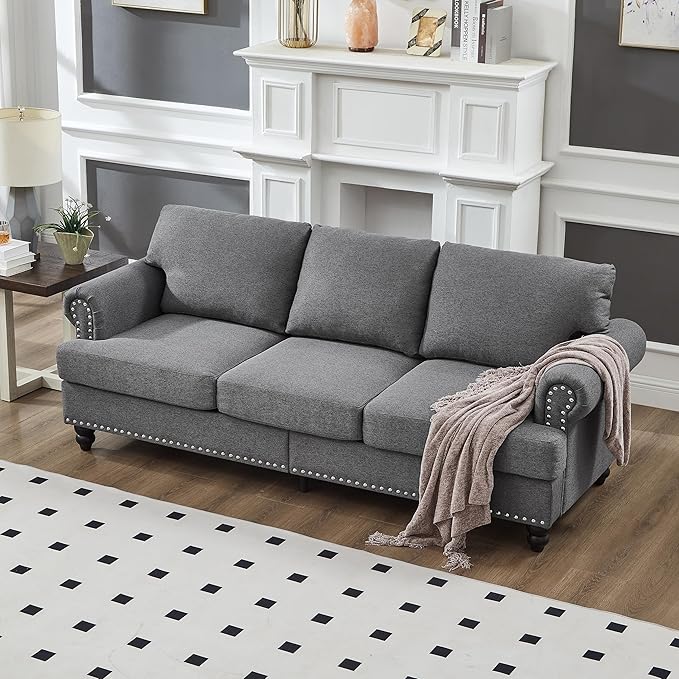 2 Pieses Living Room Sofa Sets Linen Fabric Couch and Loveseat with Nailhead Decor Soild Wood Legs Rolled Armrests &amp Storage 2PCS Sofas 3 Seaters Couch and Love Seat for Living Room Furniture S