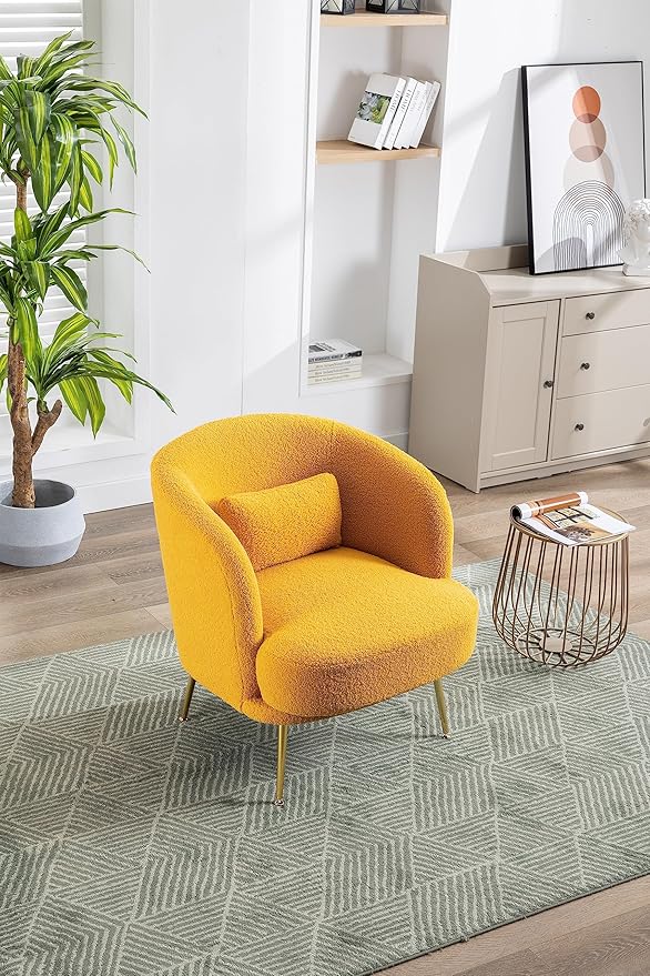Generic 30.32 W Accent Chair Upholstered Curved Backrest Reading Chair Single Sofa Leisure Club Chair with Golden Adjustable Legs for Living Room Bedroom Dorm RoomMustard Boucle