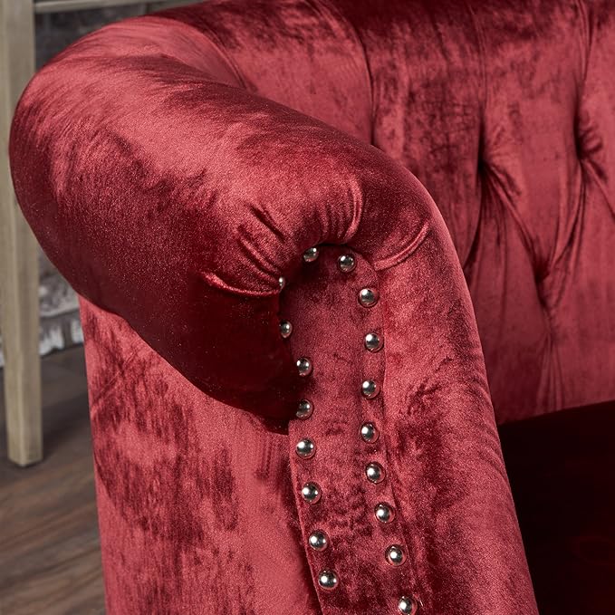 GDFStudio Melaina Tufted Chesterfield Velvet Loveseat with Scrolled Arms Garnet and Dark Brown