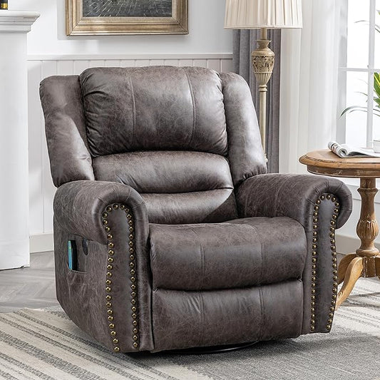 MEETWARM Massage Swivel Rocker Recliner with Heat and Vibration Manual Glider Rocking Recliner Chair 360°Swivel Lounge Reclining Chair with Remote Control/USB Ports for Living Room(Gray)