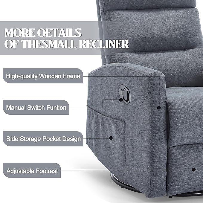 PELUMY Manual Recliner Chair 360° Swivel Glider and Rocker Recliner with 155° Recline Compact Fabric Recliner for Small Space Nursery Living Room Bedroom No Tools Assembly (Grey)
