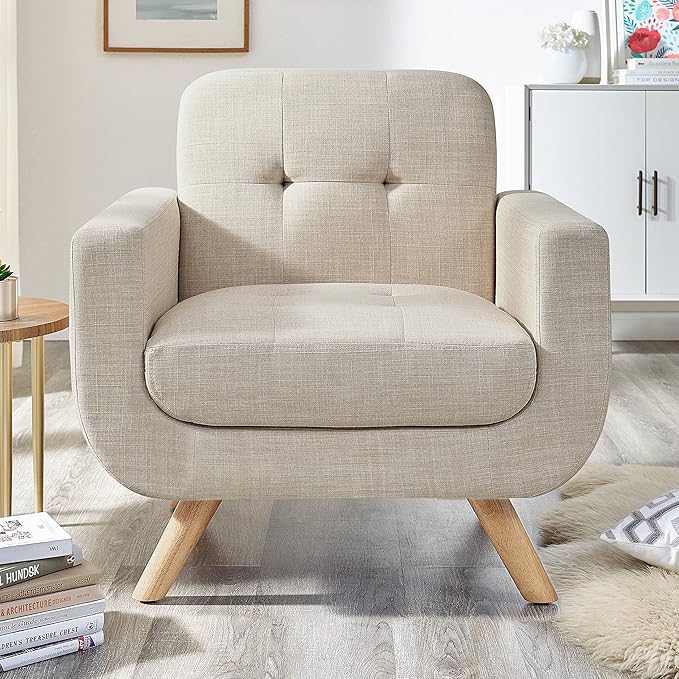 Rosevera Elena Contemporary Accent Armchair with Linen Upholstery Living Room Furniture Light Beige