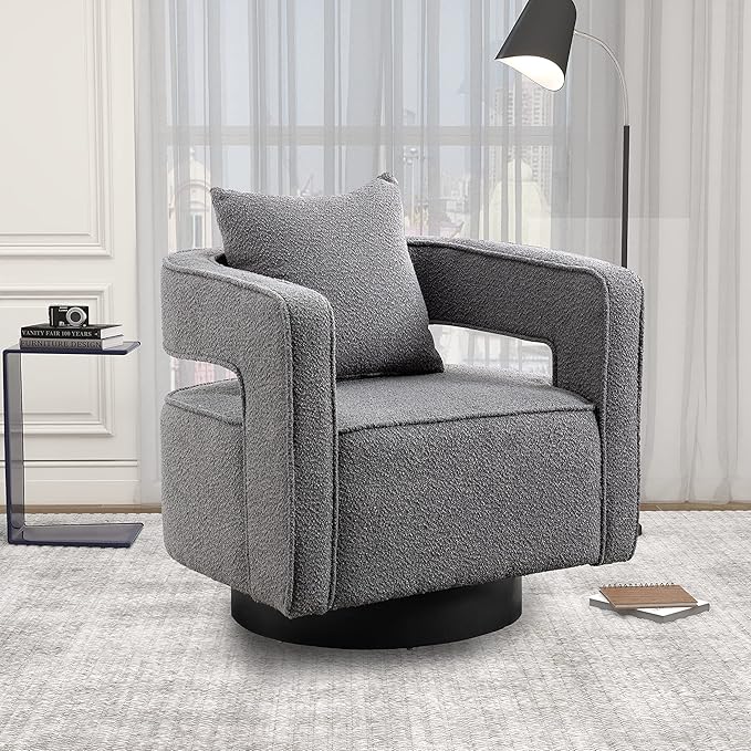 29.0 W Swivel Accent Open Back Chair Modern Comfy Sofa Chair with Black Base for Nursery Bedroom Living Room Hotel Office Club Chair Leisure Arm Chair for Lounge (Gray Boucle)