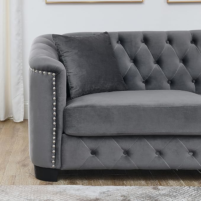 2 Piece Modern Chesterfield Velvet 77 3-Seater+59 Loveseat Sofa Set Upholstered Tufted Backrests with Nailhead Arms and 4 Cushions for Living Room Bedroom ApartmentGrey