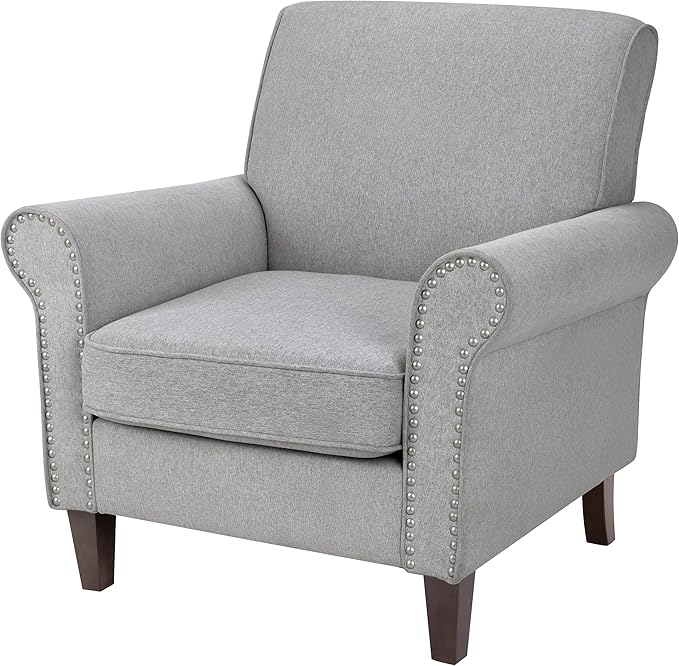 PrimeZone Comfy Accent Chair Mid-Century Modern Fabric Living Room Chair Reading Chair with Soft Cushion Nailhead Trim &amp Rolled Armrest Arm Chair Sofa Chairs for Bedroom Waiting Room Office Gr
