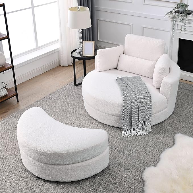 Yoglad Modern Swivel Accent Round Chair Barrel Sofa with Storage Ottoman Oversize Lounge Chair Linen Fabric Round Chair with Pillows for Living Room Office (Lvory 51)