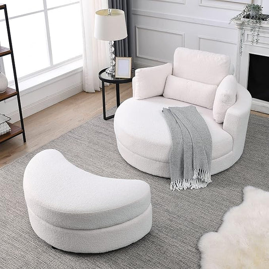 Yoglad Modern Swivel Accent Round Chair Barrel Sofa with Storage Ottoman Oversize Lounge Chair Linen Fabric Round Chair with Pillows for Living Room Office (Lvory 51)