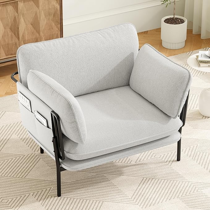 Modern Accent Chair for Living Room Oversized Reading Chair with Solid Metal Legs Upholstered Fabric Armchair with Side Pockets and 2 Pillows Comfy Accent Chairs for Bedroom Nursery White