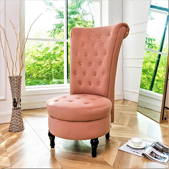 Royal High-Back Velvet Accent Chair for Vanity with Storage and Luxurious Upholstery Retro Design and Versatile Usage for Living Room Bedroom Lounge and Office Rose