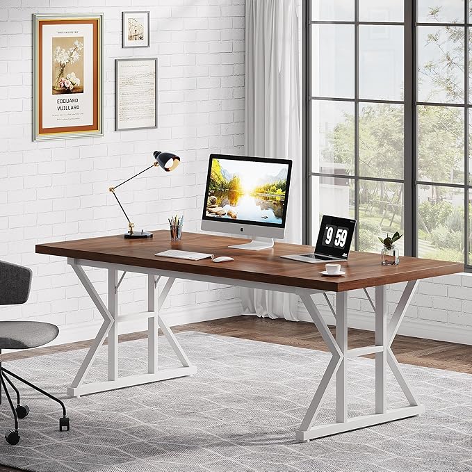 70.8 Inches Executive Desk Large Computer Desk Long Farmhouse Workstation Simple Desk with K Shaped Metal Legs for Home Office Brown/White