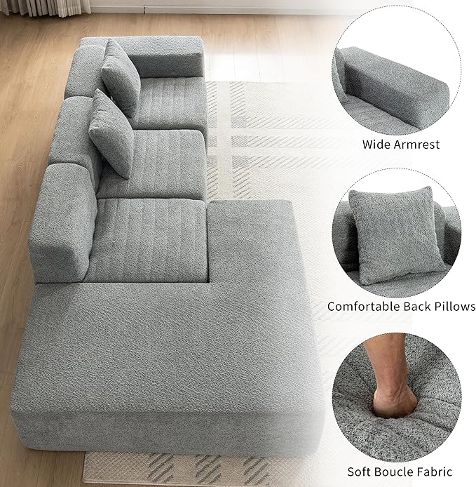 Merax 116.5 Minimalist Cloud Sectional Couch with L-Shape Chaise Gray Modern Modular Sofa with Deep Seat Convertible 4 Seat Sleeper Couches Set for Living Room No Assembly Required Grey