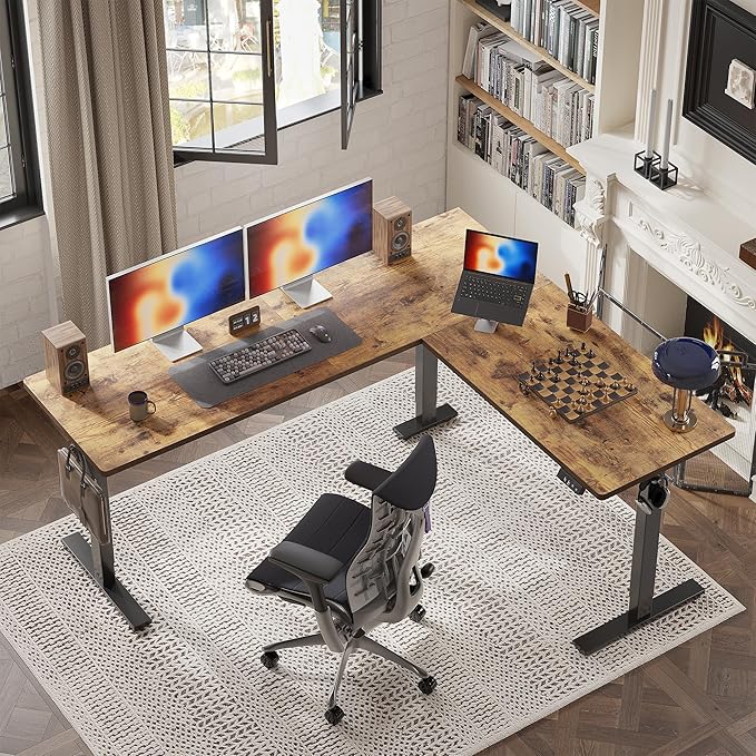 TIQLAB 75 x 61 inch L Shaped Standing Desk Adjustable Height Electric Corner Standing Desk Sit Stand Computer Table with Splice Board Rustic Brown