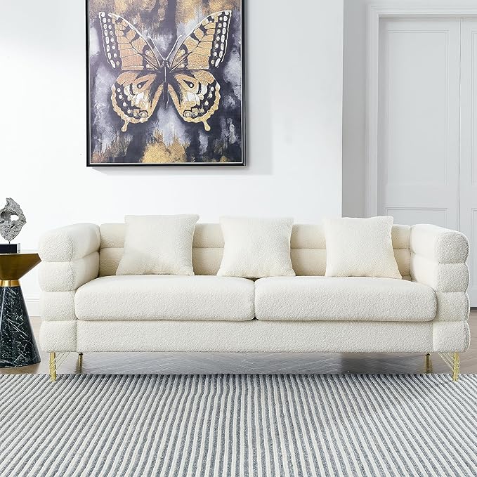 81 Sectional Sofa with 3 PillowsOversized Teddy Fabric Couch W/Polished Metal Legs and Streamline Designfor Living RoomBedroomApartmentWhite