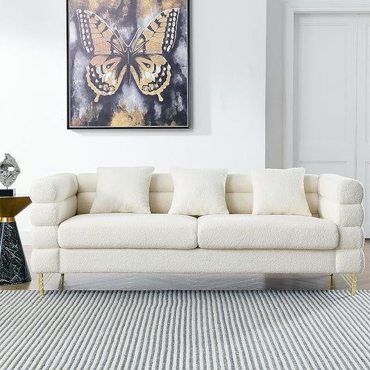 81 Sectional Sofa with 3 PillowsOversized Teddy Fabric Couch W/Polished Metal Legs and Streamline Designfor Living RoomBedroomApartmentWhite