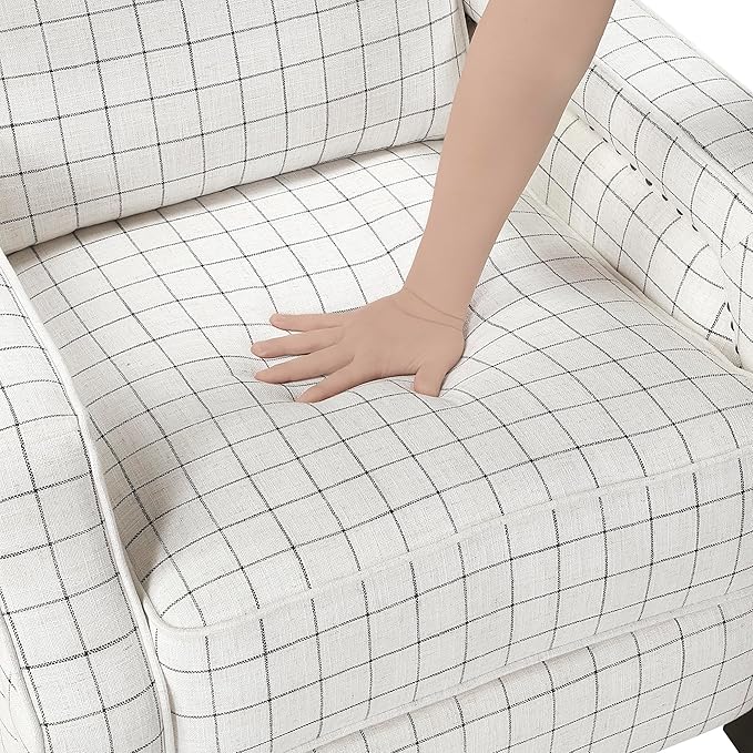 Lexicon Pushback Recliner Chair Plaid Textured Fabric Armchair Push Back Reclining Chair Nailhead Trim Solid Wood Legs Easy Assembly for Living Room/Office/Apartment Off-White