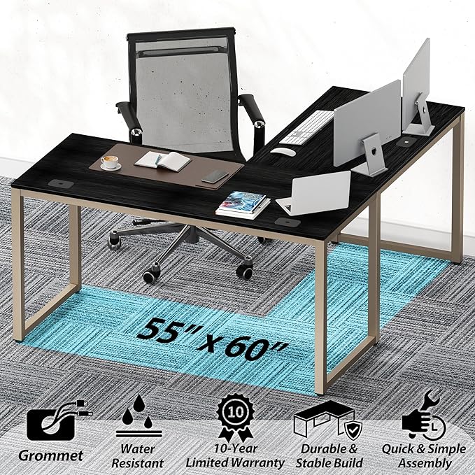 SHW 55 x 60 Inches Commercial-Grade L-Shape Corner Office Computer Desk Espresso