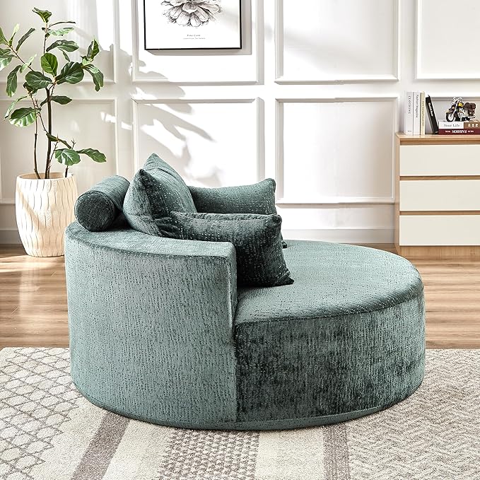 55 Oversized Chaise lounge Chair Indoor Modern Upholstered Deep Seat Wide Armrest Single Floor Circle Round Sofa Chair Sleeper for Small Living Room Bedroom Apartment with Pillow Green Chenille