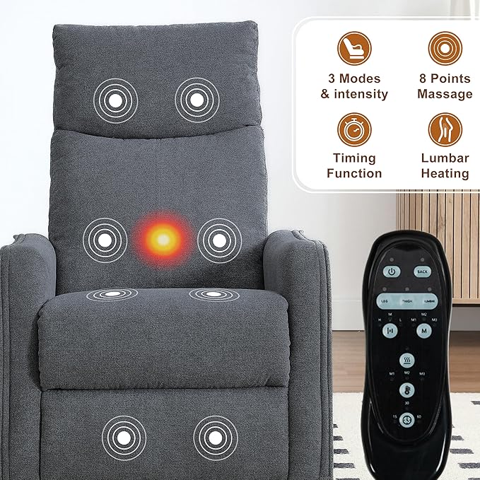 Manual 360° Swivel Rocker Recliner Chair for Adults Overstuffed Glider Chair for Nursery with Vibration Massage and Heat Comfy Soft Fabric Glider with Side Pockets for Living Room Dark Gray