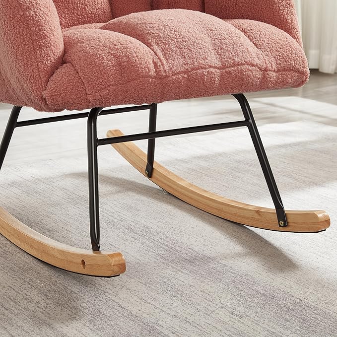 Setawix Upholstered Rocking Chair with Arms for NurseryTufted Rocker Glider ChairsTeddy Fabric Rocking ArmchairMid Century Modern Accent Chairs for Living RoomBedroom (Teddy Pink 27.2)