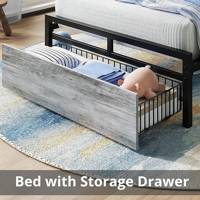 LIKIMIO Twin Bed Frames with Drawer Storage Headboard with Outlets No Box Spring Needed Easy Assembly Industrial Gray