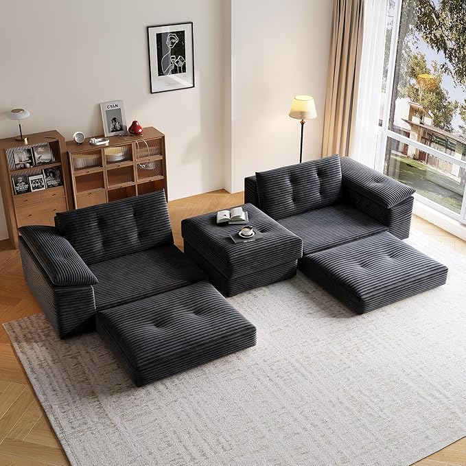 109.5 Loveseat Sofa with Ottoman Corduroy L Shape 3 Seater Couch Modular Sectional Couch for Living Room Small Spaces Apartment No Assembly Required Black
