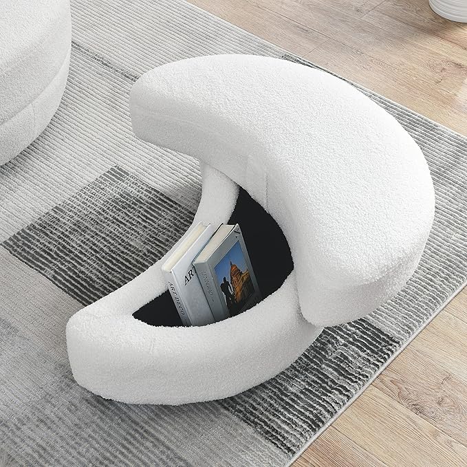 kevinplus Swivel Barrel Chair Accent Chair with Storage Ottoman for Living Room Modern Round Upholstered Single Sofa Couch Chair for Apartment Bedroom Teddy Fabric White (ø39'' x 30.5'')