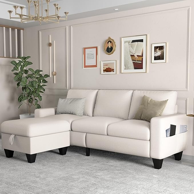 ZeeFu Couch for Living Room - 78'' Beige Linen 3 Seat L-Shaped Sectional Sofa Couches with Storage Ottoman - Modern Small Space Upholstered Furniture Sofa Set for Office Small Space Apartment