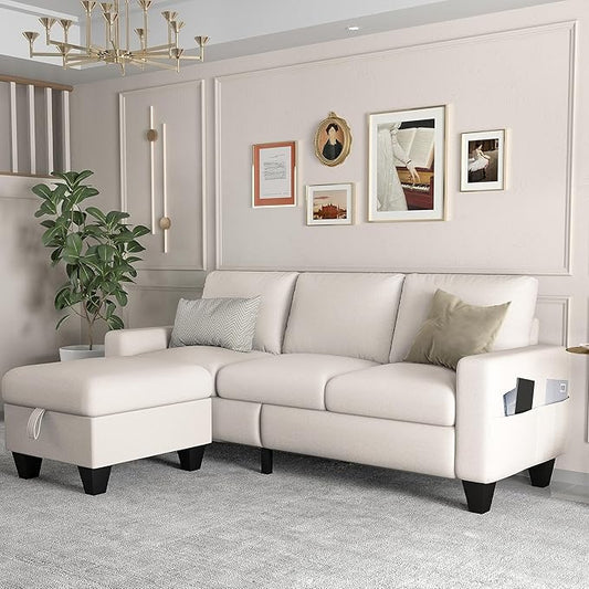 ZeeFu Couch for Living Room - 78'' Beige Linen 3 Seat L-Shaped Sectional Sofa Couches with Storage Ottoman - Modern Small Space Upholstered Furniture Sofa Set for Office Small Space Apartment