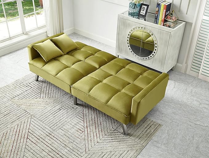 Legend Vansen 80'' Velvet Love seat Convertible Futon Two Pillows Sleeper Couch with 3 Adjustable Backrests Sofa Bed Large Sleeping Area Sofabed Green