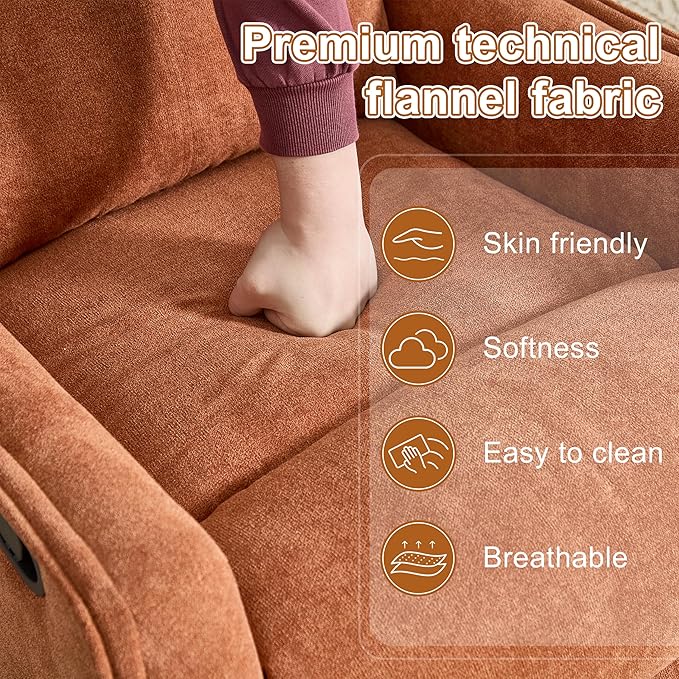 Manual 360° Swivel Rocker Recliner Chair for Adults Overstuffed Glider Chair for Nursery with Vibration Massage and Heat Comfy Soft Fabric Glider with Side Pockets for Living Room Orange