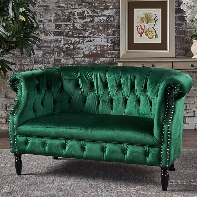 GDFStudio Melaina Tufted Chesterfield Velvet Loveseat with Scrolled Arms Emerald and Dark Brown.