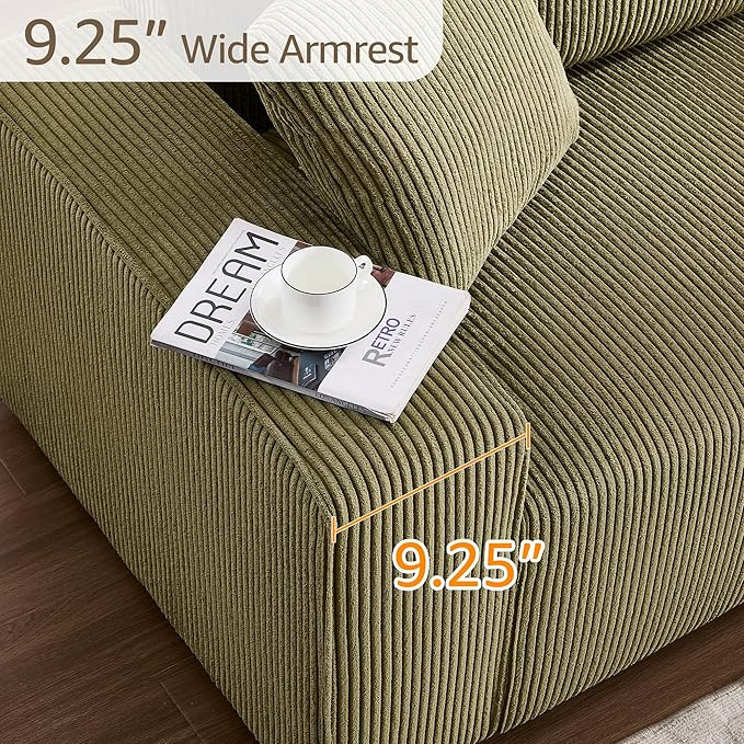 Modern Corduroy Sofa 88.5 inch Wide Living Room Couch with Wide Arms 3-Seater Living Room Couch with Throw Pillows Olive Green
