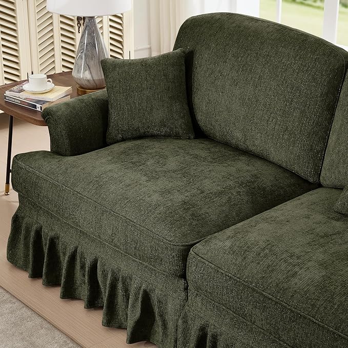 Casaphoria Mid-Century Modern Oversized Loveseat Sofa 2-Seater Chenille Couch with Removable Ruffle Skirt Flared Arms Spindle Legs &amp Throw Pillow for Living Room Apartment