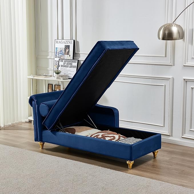 60.6Modern Storage Chaise Lounge IndoorVelvet Upholstery Sofa Chair with1 Toss PillowsUpholstery Lounge Sofa with Gold Metal Legs For Small ApartmentLiving RoomOfficeReception AreaNavy Blue