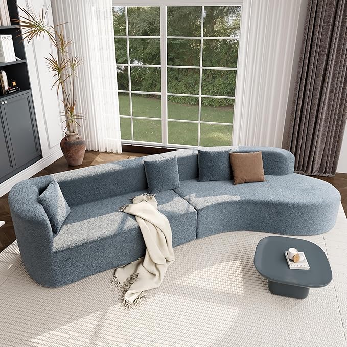 132 Modern Sectional Sofa with Curved Design 2-Piece Chenille Modular Couch with 4 Pillows Plush Sponge &amp Spring Cushion Large Sponge Modular Sofa for Living Room (Dark Blue#56)