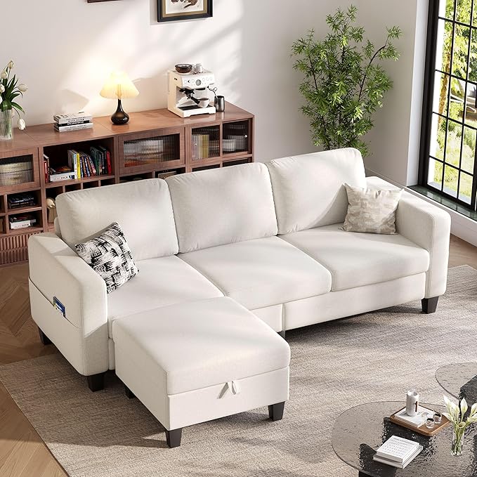 Sectional Sofa and Couches for Living Room 78'' Beige 3 Seat L-Shaped Couch with Movable Ottoman Comfy Linen Convertible Sectionals Sofas with Chaise for Apartment Dorm Small Space