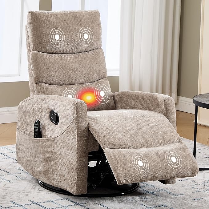 Manual Swivel Rocker Recliner Chair for Adults Overstuffed Reclining Glider Chair for Nursing with Vibration Massage &amp Heat Living Room Rocking Recliner 3-Stage backrest Chenille Fabric Khaqi