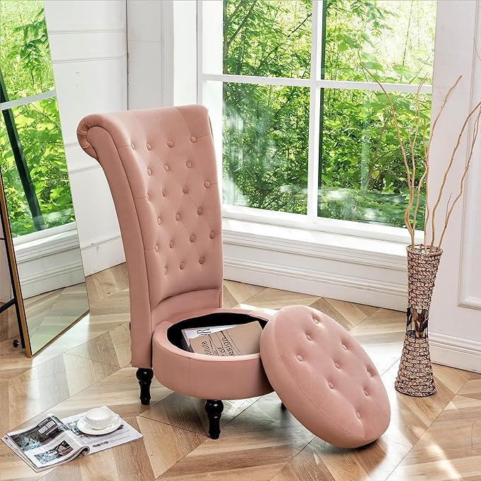 Royal High-Back Velvet Accent Chair for Vanity with Storage and Luxurious Upholstery Retro Design and Versatile Usage for Living Room Bedroom Lounge and Office Rose