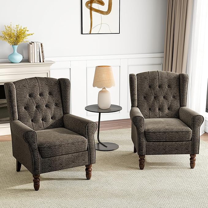Pia Ricco High Back Floral Accent Chair - Retro Wingback Upholstered Armchair with Nailhead Trim Solid Wood Legs Fabric Living Room Bedroom Reading Chair (Taupe)