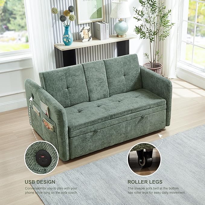57.48 Convertible Sofa Bed with Cup Holder Pull Out Sleeper Sofa Bed with USB Charging Ports 3 in 1 Convertible Sleeper Sofa Bed for Living Room Apartment Bedroom RV Green