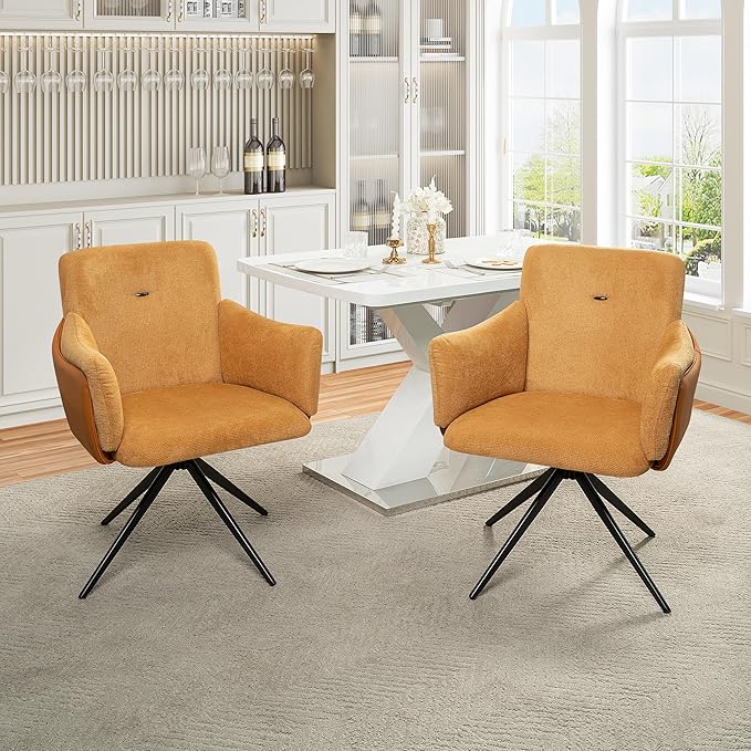 KEIKI 360° Swivel Home Office Desk Chairs Set of 2Modern Dining Chairs with Arm Upholstered Bedroom Chairs with Metal BaseMakeup Chair for Vanity Living Room Bedroom Orange