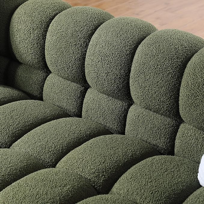 Comfy Marshmallow Loveseat Sofa3 Seater Boucle Cloud Couch with 2 Pillows Upholstered Love Seat with Throw Pillows Modern Living Sofa or Office Waiting Room (Olive Green Boucle)