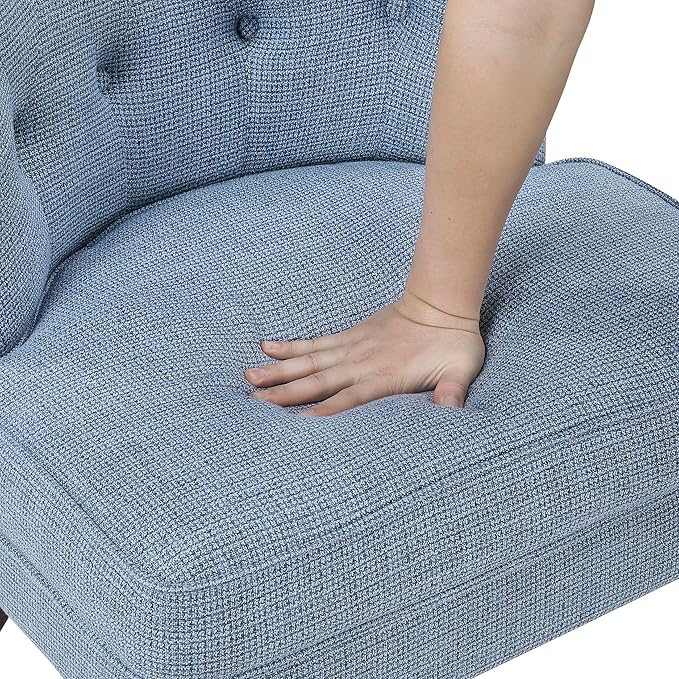 Lexicon Accent Chair Textured Fabric Upholstered Armless Chair with Solid Wood Legs Button Tufted Curved Back for Living Room/Bedroom/Office/Waiting Area Blue