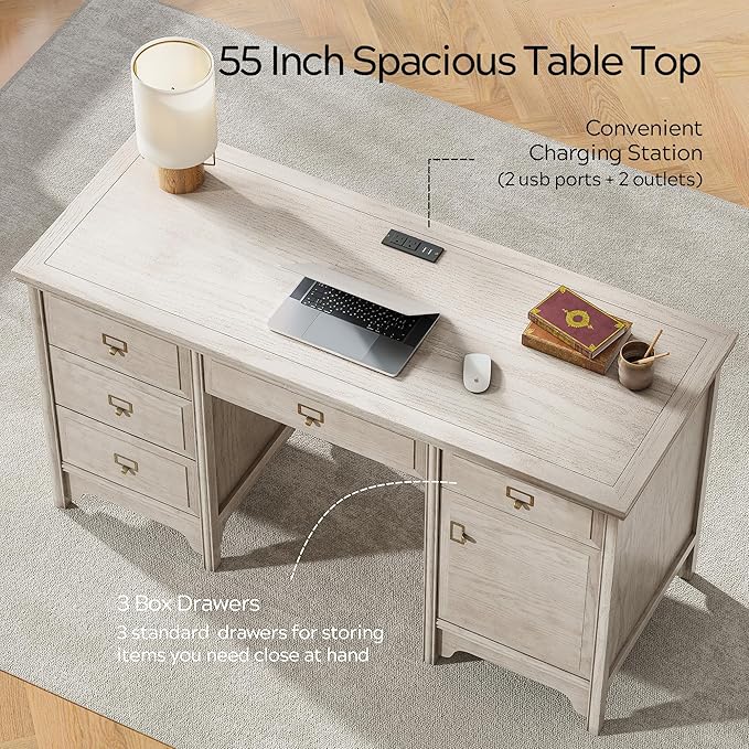 55 Farmhouse Executive Desk Solid Wood Painted Home Office Desk with Charging Station 5 Drawers Storage Cabinet Computer Writing Table for Work Study Writing Grey
