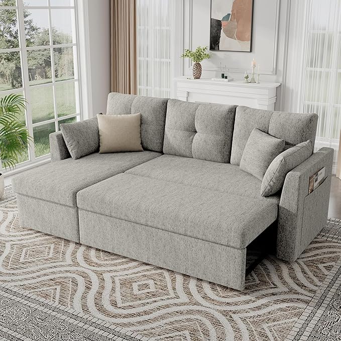 Sleeper Sofa Couch 2 in 1 Sectional Sleeper Couch Bed with Side Pocket Pullout Sofa Bed with Storage Chaise for Living Room Light Grey