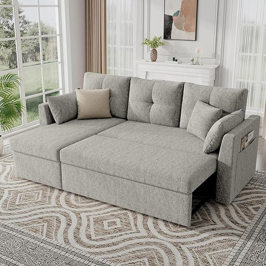 Sleeper Sofa Couch 2 in 1 Sectional Sleeper Couch Bed with Side Pocket Pullout Sofa Bed with Storage Chaise for Living Room Light Grey