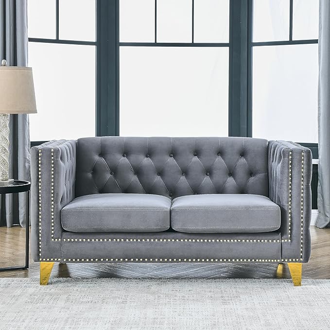 KEIKI Tufted Velvet 2 Seat Sofa Couch for Living Room Buttons Tufted Square Arm Couch for Home Apartment Gray
