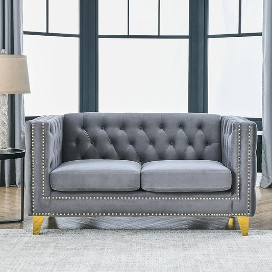 58 Loveseat Sofa with Buttons Tufted Square Arm2-Seat Velvet Upholstered Couch W/Metal Legsfor Living RoomBedroomApartmentGray