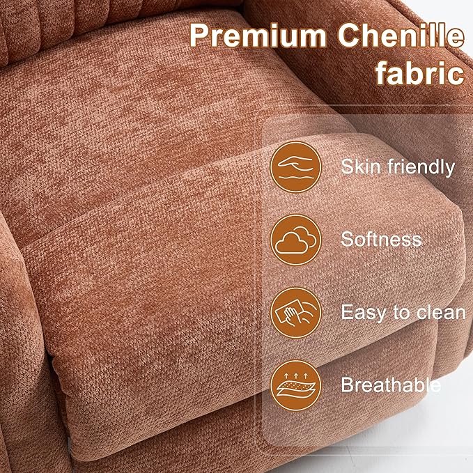 Manual Swivel Rocker Recliner Chair for Adults Overstuffed Nursery Glider Recliner with Vibration Massage and Lumbar Heat Living Room Reclining Chair Fabric Orange