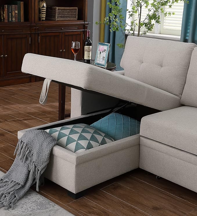 ACQCA 82 L-Shape Sleeper Sectional Sofa with Storage Chaise and Pull-Out BedConvertible Sofa Bed Sectional Couch for Living RoomApartmentOfficeBeige
